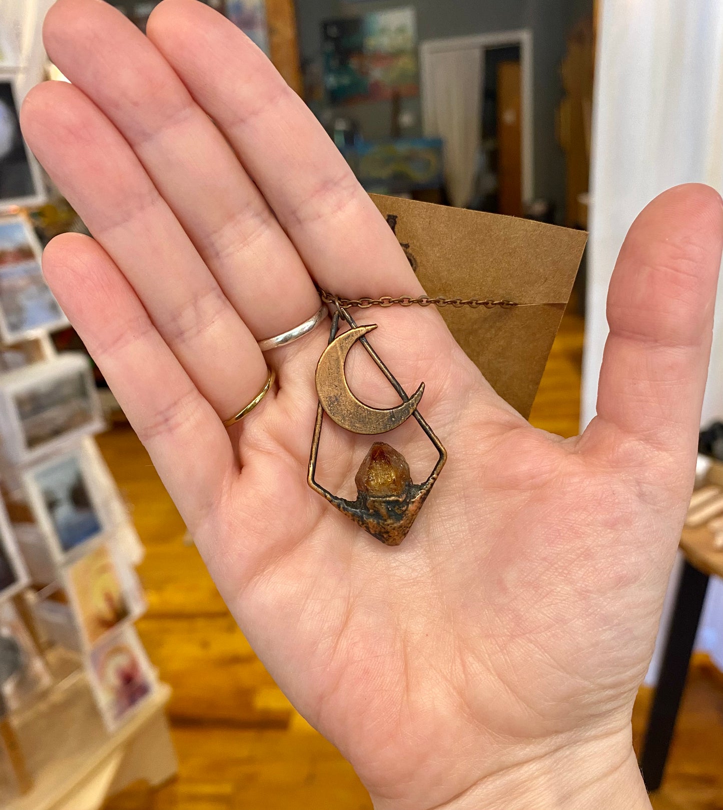 Citrine Framed Pendant with Cresent Moon