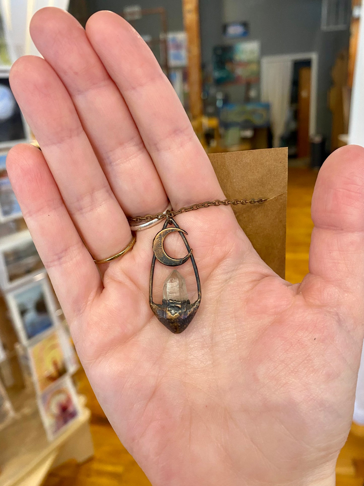 Quartz Framed Pendant with Crescent Moon